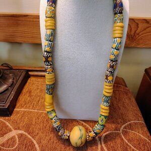 African Trade Beads Strand Multi Color Glass Tube Rare Patterns Necklace